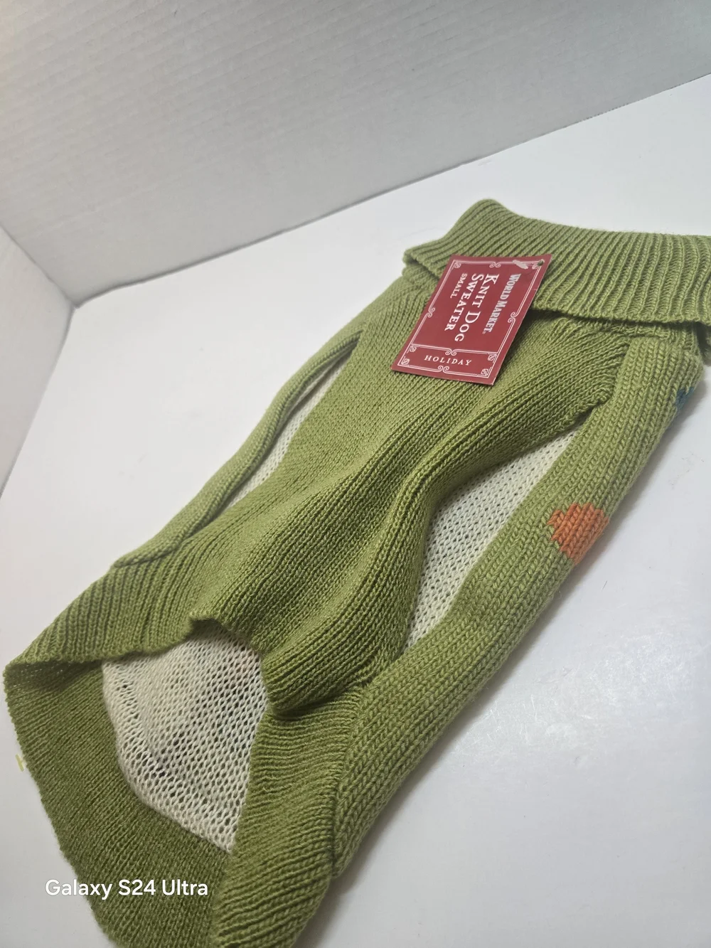 Cost Plus World Market Olive Green Knit Dog Sweater with Red Tag